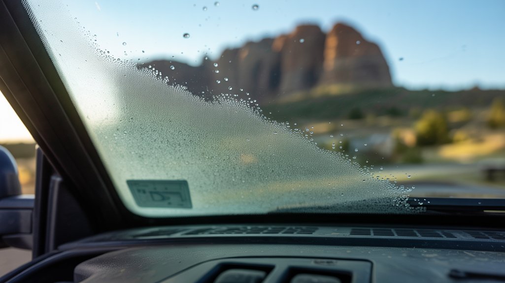 Foggy glass Castle Rock on a vehicle windshield