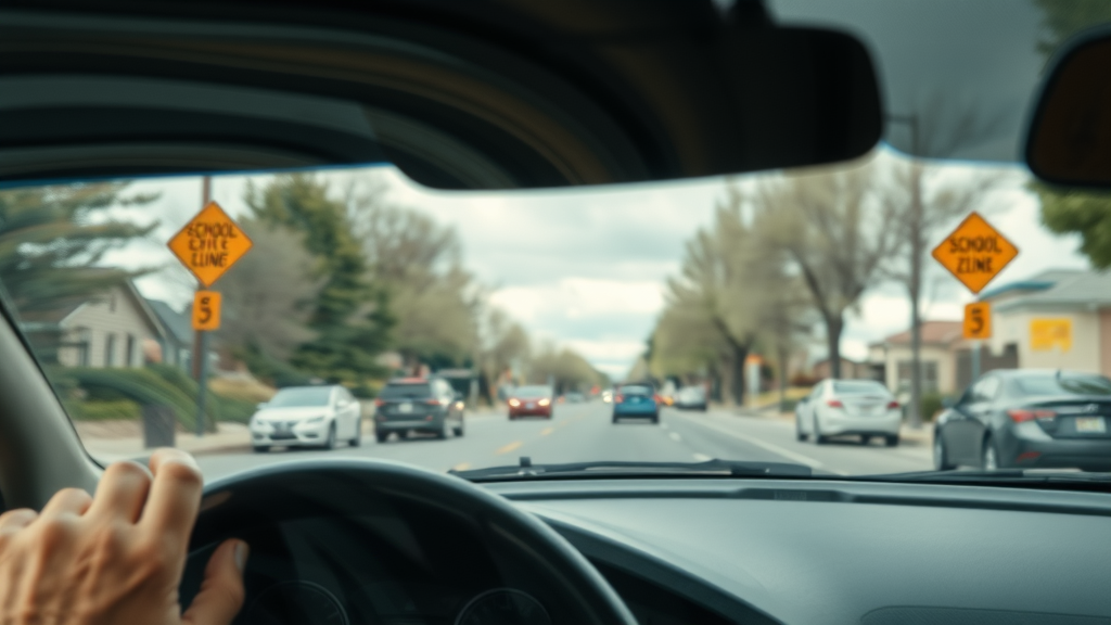driver's view through distorted wavy car windshield on suburban Colorado street - visibility issues sign you need windshield replacement