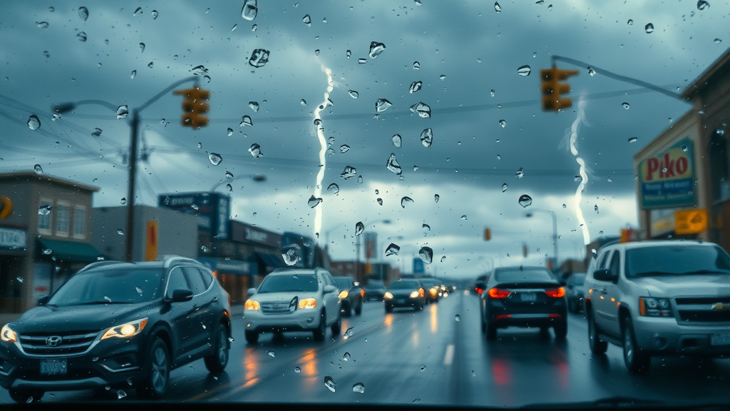 hail storm hitting car windshield, auto glass damage in Colorado weather