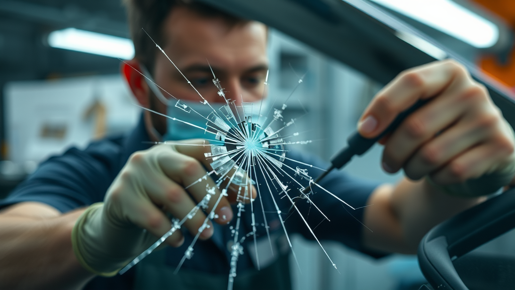 closeup of auto windshield with starburst chip, repair tool used by technician, auto glass repair shop Denver