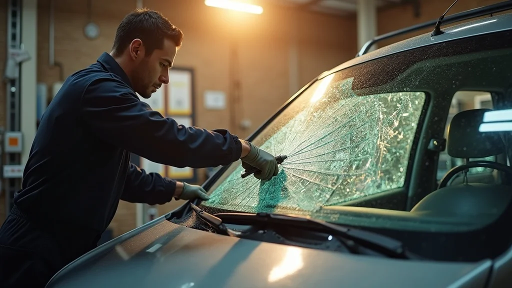 Technician performing full windshield replacement, auto glass removal and installation