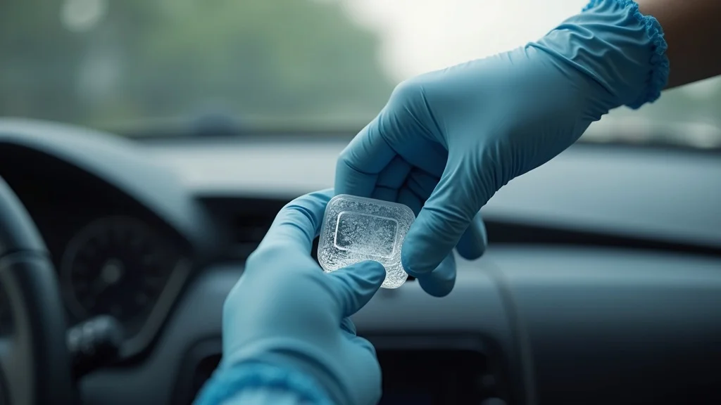 Gloved hands applying gel pad and adhesive pad to rain sensor area during windshield replacement
