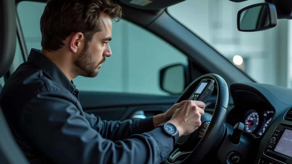 Technician calibrating rain sensor windshield using diagnostic tool during windshield replacement