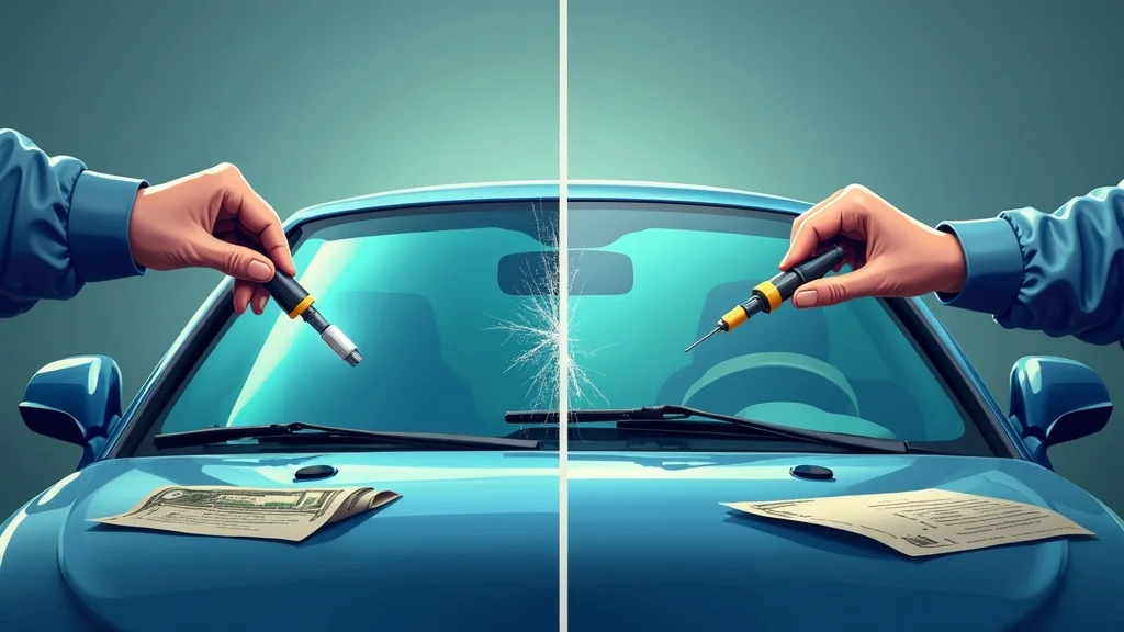 Split-view infographic of cracked windshield repair vs replacement, comparison chart, auto glass, cost and insurance factors