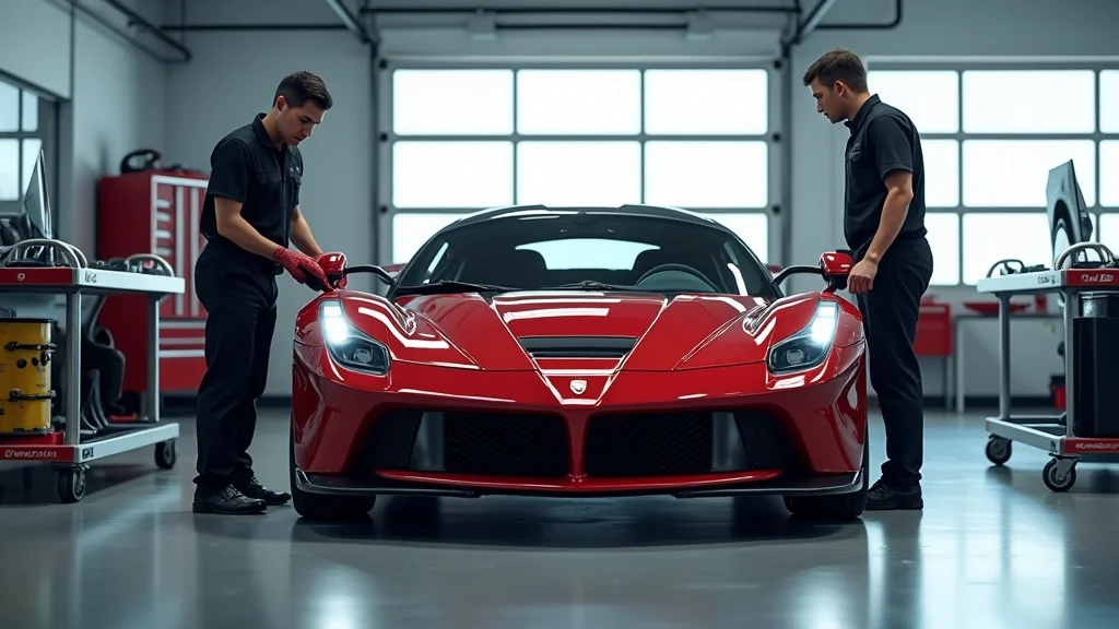 Exotic sports car in dealership service bay; OEM and aftermarket replacement glass prepared for windshield replacement in a modern environment.