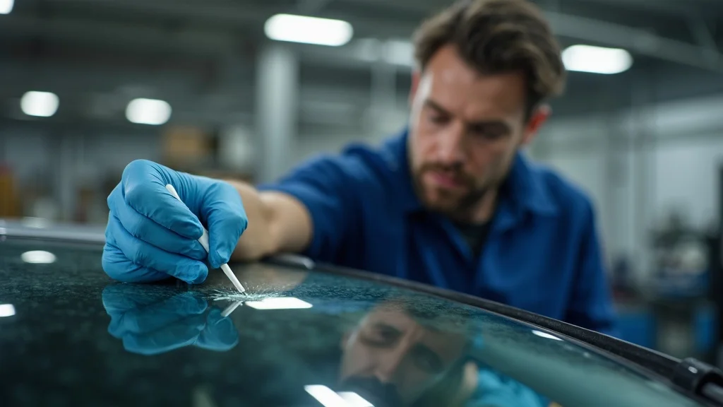 Technician repairing a cracked windshield, glass repair resin application, auto glass repair shop
