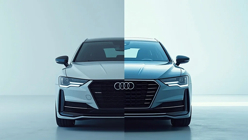 Modern luxury sedan demonstrating OEM and aftermarket windshields. One half shows OEM glass, the other aftermarket; clear reflection differences for luxury vehicle glass replacement comparison.