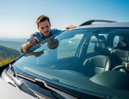 Person inspecting a car windshield for safety before a road trip
