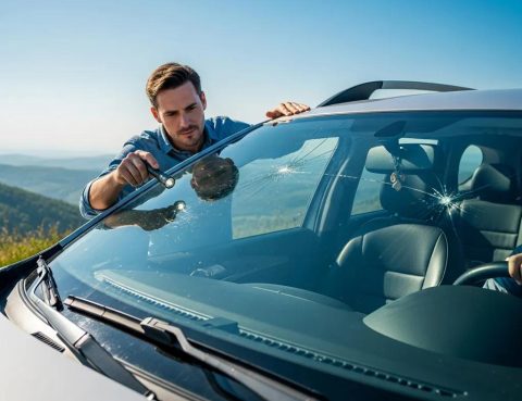 Person inspecting a car windshield for safety before a road trip