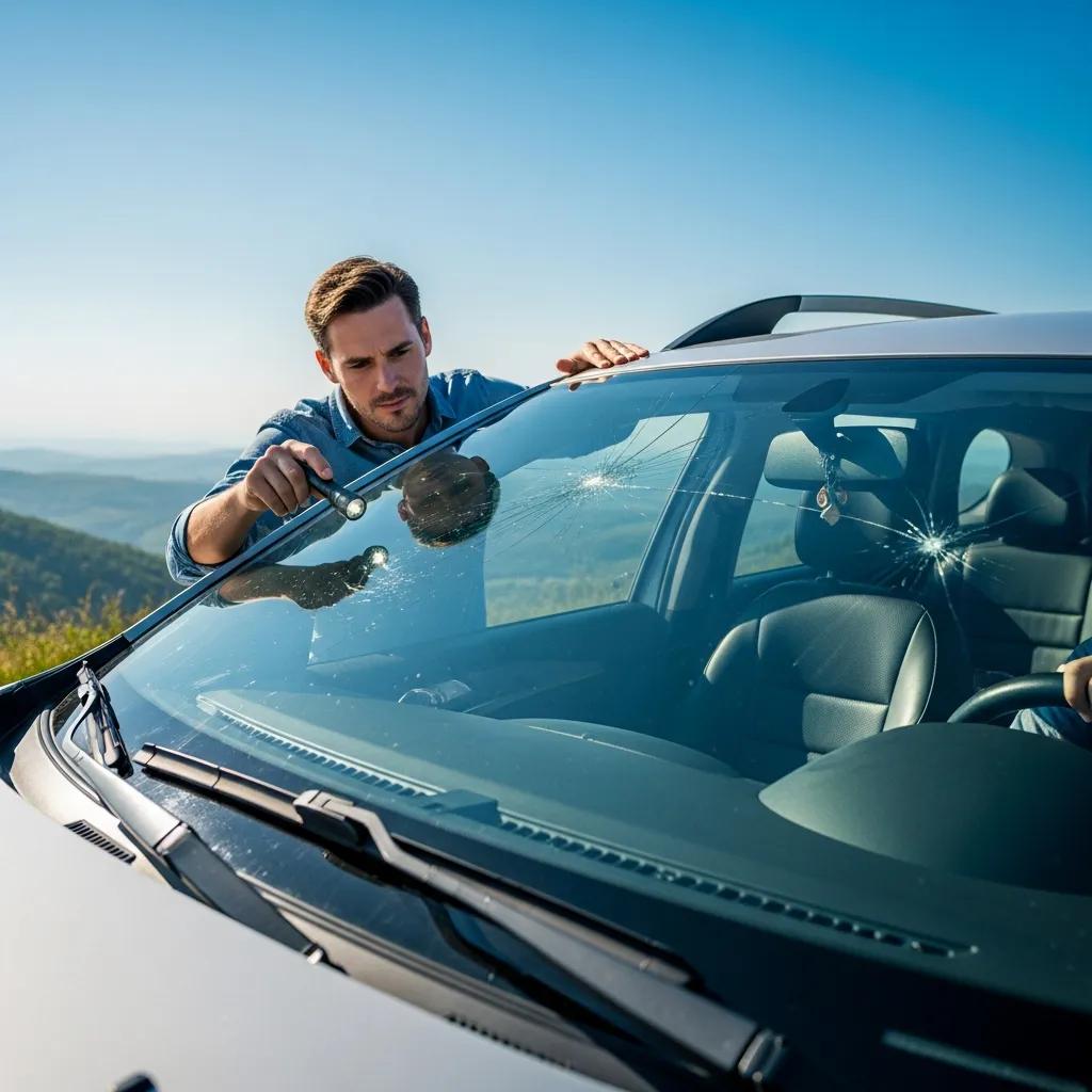 Person inspecting a car windshield for safety before a road trip