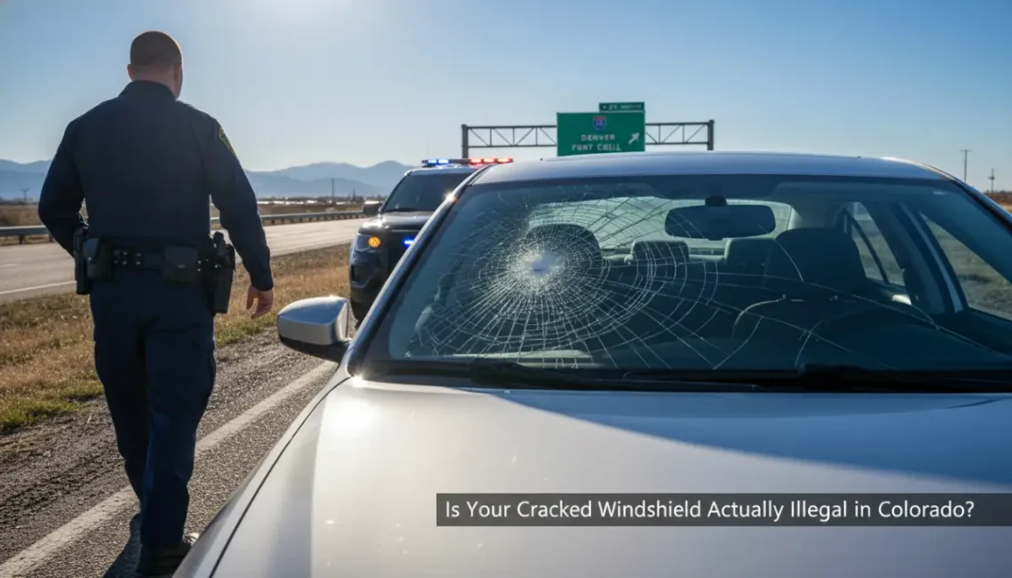 Police officer assessing is your cracked windshield actually illegal in Colorado.