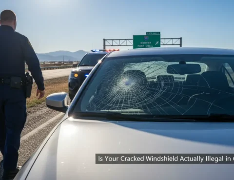 Police officer assessing is your cracked windshield actually illegal in Colorado.