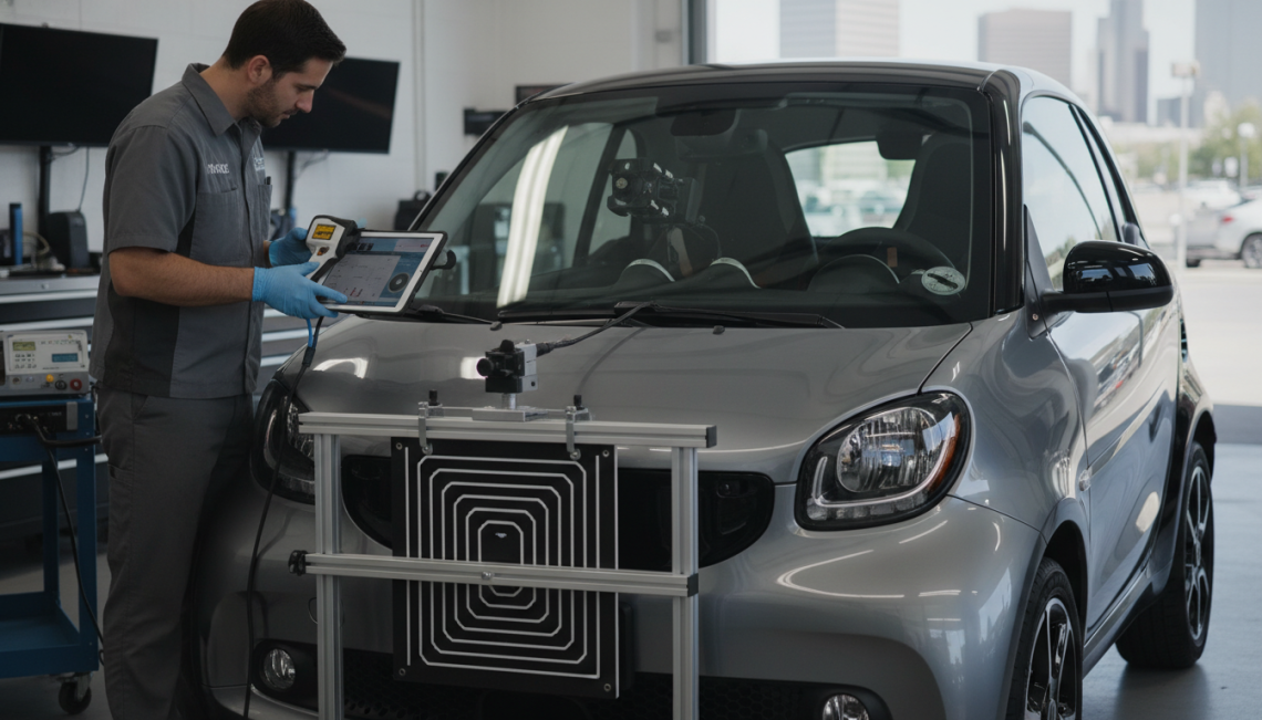 Professional auto glass calibration Denver technician working on smart car sensors
