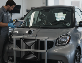 Professional auto glass calibration Denver technician working on smart car sensors