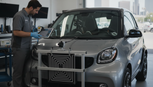 Professional auto glass calibration Denver technician working on smart car sensors