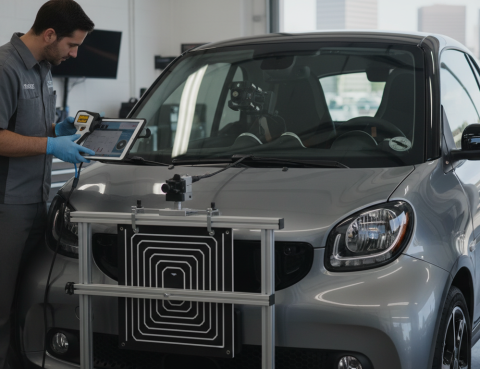 Professional auto glass calibration Denver technician working on smart car sensors