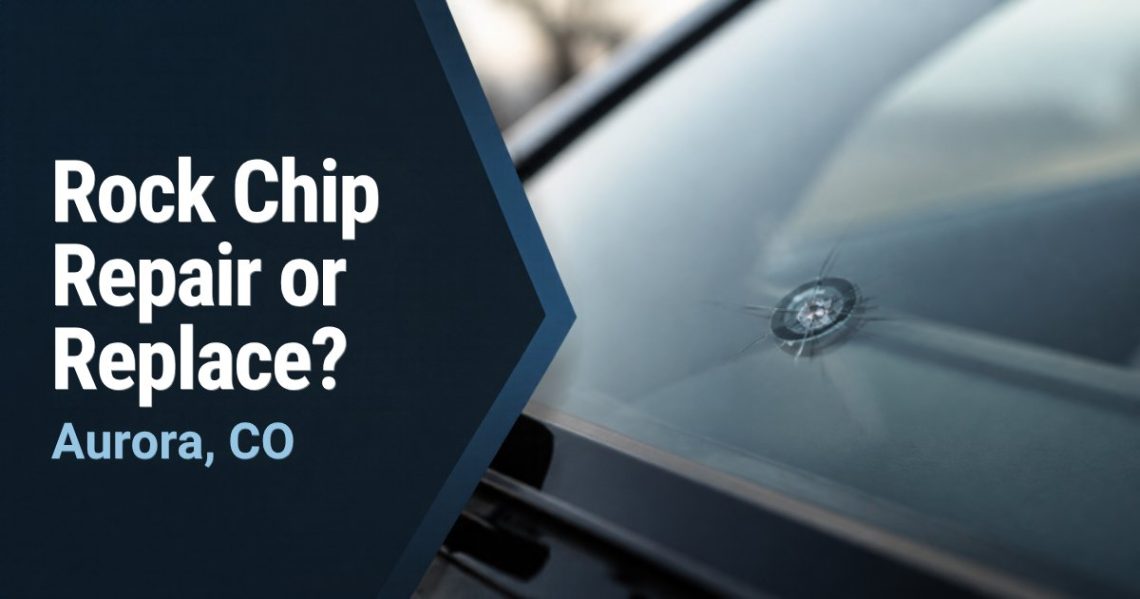 Close-up of a star-shaped rock chip in a car windshield, with the title Rock Chip Repair or Replace? Aurora, CO