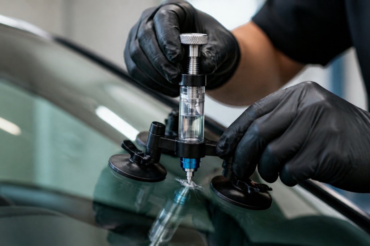 Rock chip repair: technician injecting repair resin into a windshield rock chip with a suction-mounted resin injector