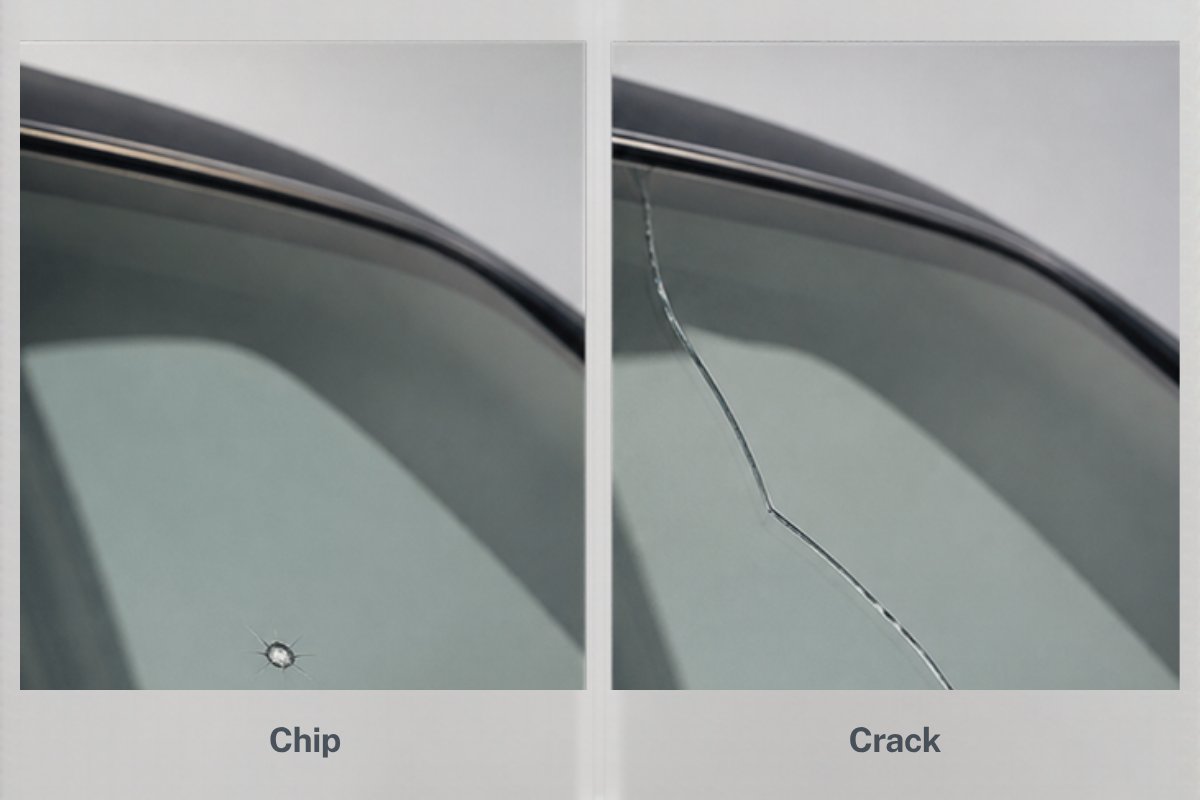 Side-by-side comparison of a small windshield rock chip and a long windshield crack